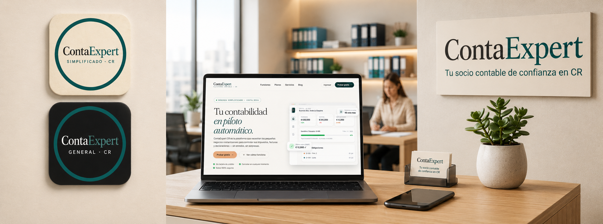 Landing de ContaExpert CR mostrada en una laptop con los logos de ContaExpert-Simplificado y ContaExpert-General
